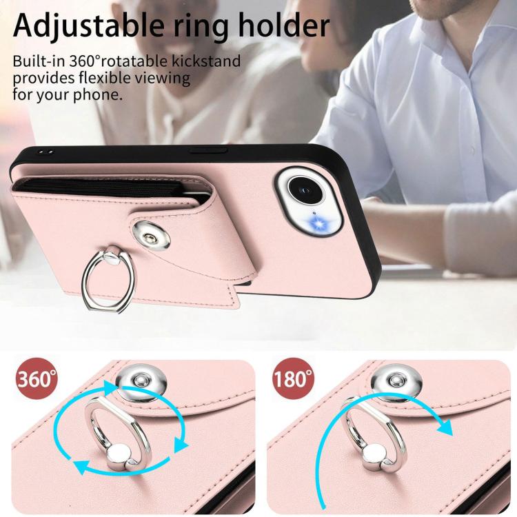 Funda para iPhone 16e con tarjetero, anilla y cordón largo (rosa)