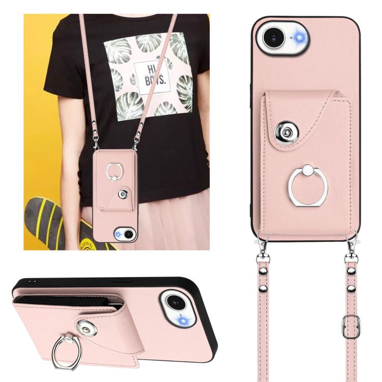 Funda para iPhone 16e con tarjetero, anilla y cordón largo (rosa)