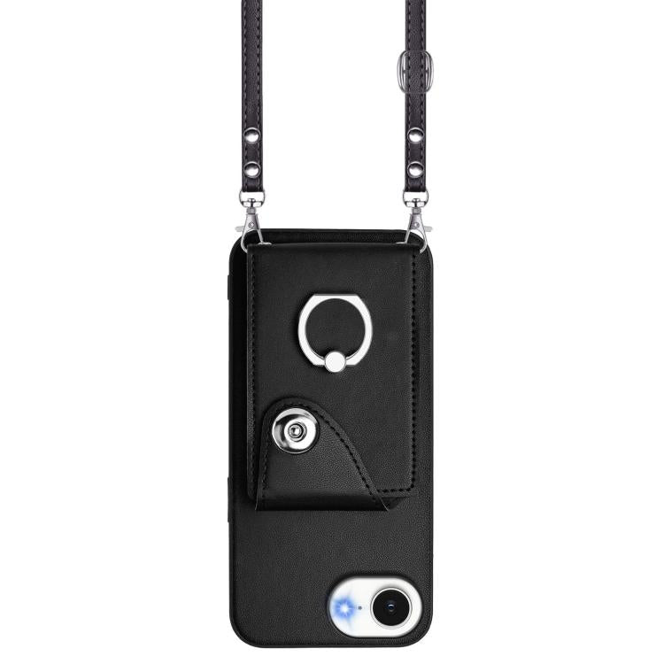Funda para iPhone 16e con tarjetero, anilla y cordón largo (negra)