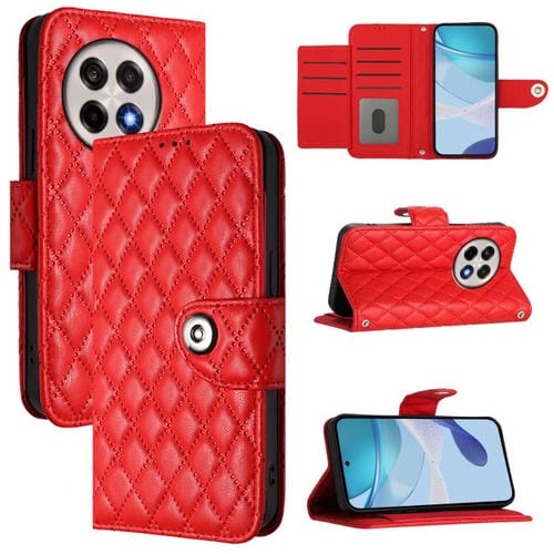 Funda de Cuero con Tapa y Textura Rómbica para OnePlus 13R Ace 5 Pro 5G con Cordón (Rojo)