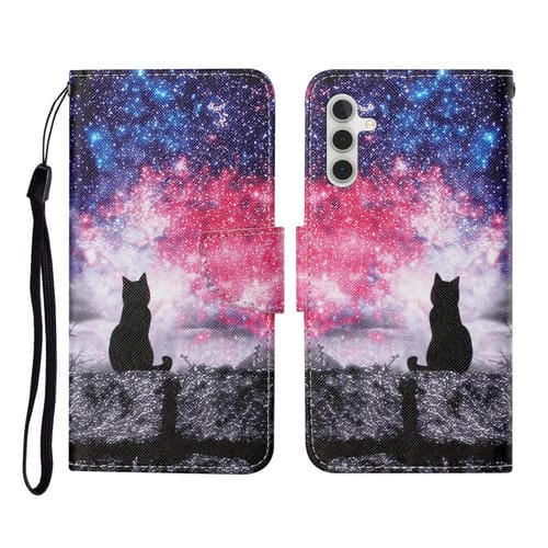 Funda de Cuero para Samsung Galaxy A55 con Tapa y Patrón de Dibujo de Colores (Star Sky Cat)