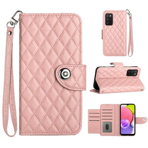Funda para Teléfono Samsung Galaxy A03S Eu Cuero Textura Rómbica y Cordón (Rosa Coral)