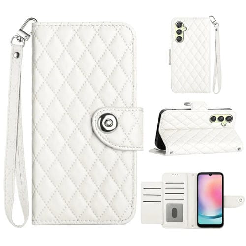 Funda para Samsung Galaxy A14 4G / 5G Cuero con Tapa Textura Rómbica y Cordón (Blanco)