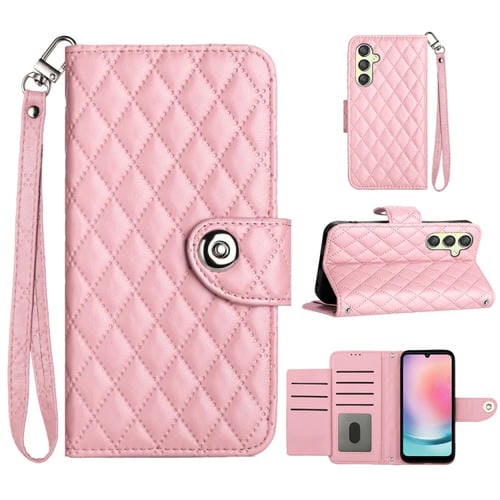 Funda para Samsung Galaxy A14 4G y 5G con Tapa de Cuero Textura Rómbica y Cordón (Rosa)