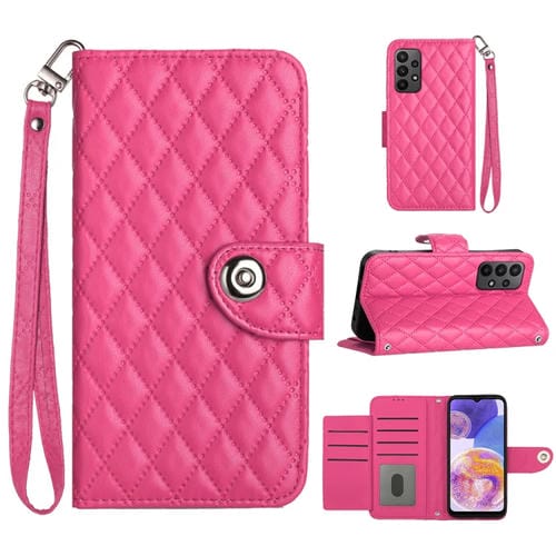 Funda para Teléfono Samsung Galaxy A53 5G con Tapa de Cuero Textura Rómbica y Cordón (Rojo Rosa)
