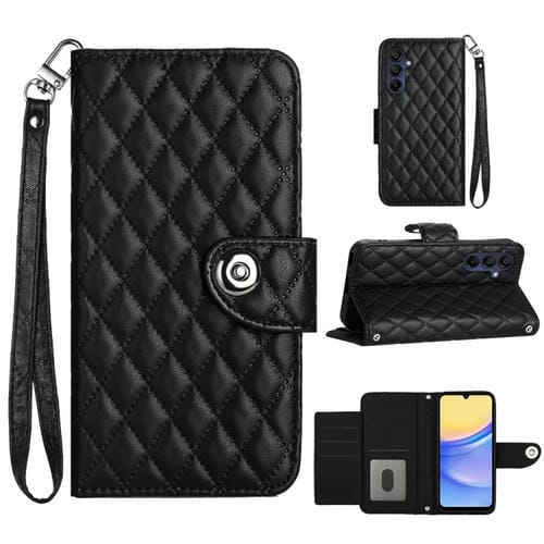 Funda de Cuero para Samsung Galaxy A55 con Tapa Textura Rómbica y Cordón (Negro)