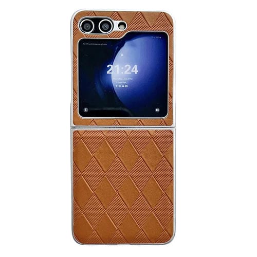 Funda para teléfono Samsung Galaxy Z Flip5 5G Cuero a Cuadros con Pintura Nacarada y Forma de Diamante (Marrón)