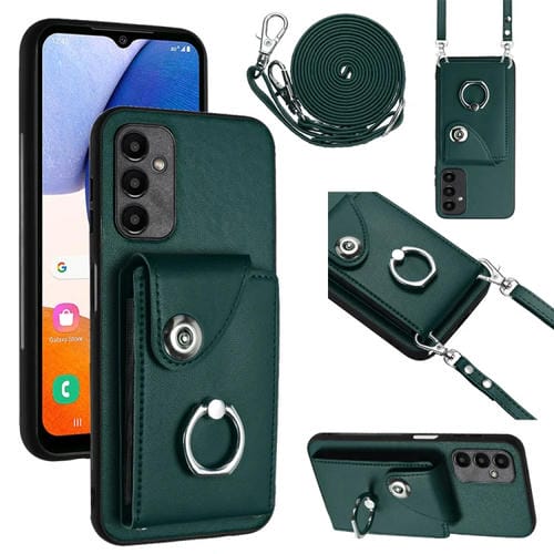 Funda para teléfono Samsung Galaxy A24 4G con soporte para anillo y bolsa para tarjeta con cordón largo (Verde)