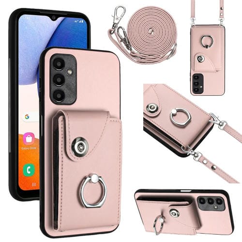 Funda para Teléfono Samsung Galaxy A34 5G con Soporte para Anillo y Bolsa para Tarjeta con Cordón Largo (Rosa)