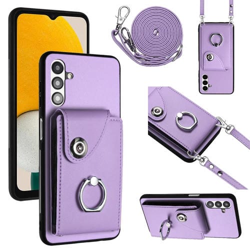 Funda para Teléfono Samsung Galaxy A13 5G y A04S con Soporte para Anillo Bolsa para Tarjeta y Cordón Largo (Púrpura)