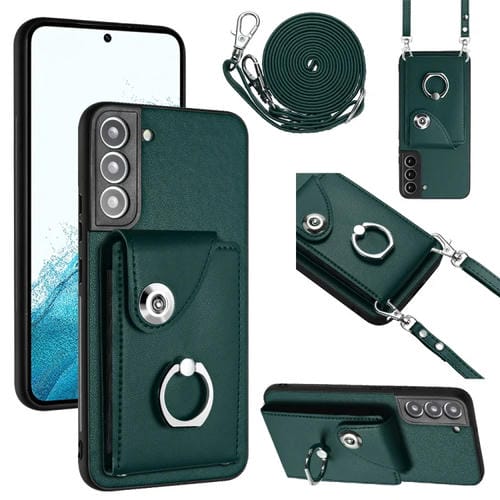 Funda para Teléfono Samsung Galaxy S22 + 5G con Soporte para Anillo y Bolsa para Tarjeta con Cordón Largo (Verde)