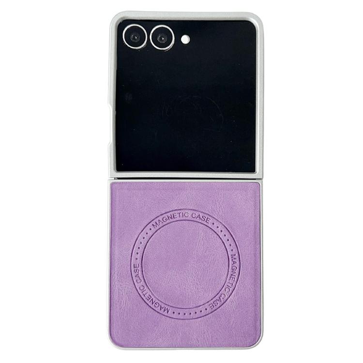 Funda para Samsung Galaxy Z Flip7 5G con textura de cuero y pintura perlada MagSafe, a prueba de golpes (morado)