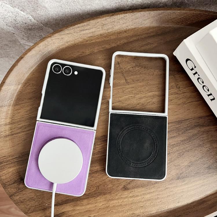 Funda para Samsung Galaxy Z Flip7 5G con textura de cuero y pintura perlada MagSafe, a prueba de golpes (morado)