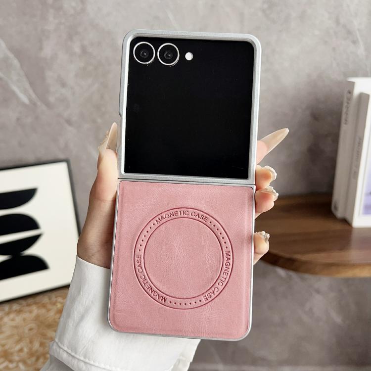 Funda para Samsung Galaxy Z Flip7 5G con textura de cuero y pintura perlada MagSafe, a prueba de golpes (rosa)