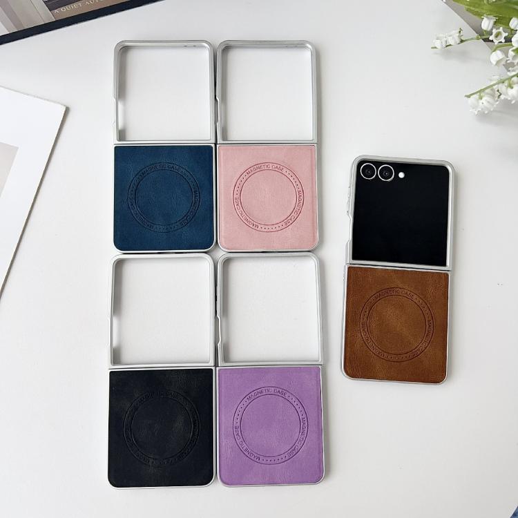 Funda para Samsung Galaxy Z Flip7 5G con textura de cuero y efecto piel, con MagSafe, pintura perlada y resistente a los golpes (azul)