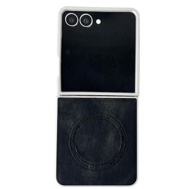 Funda para Samsung Galaxy Z Flip7 5G con textura de cuero y efecto piel, con MagSafe, pintura perlada y resistente a los golpes (negra)