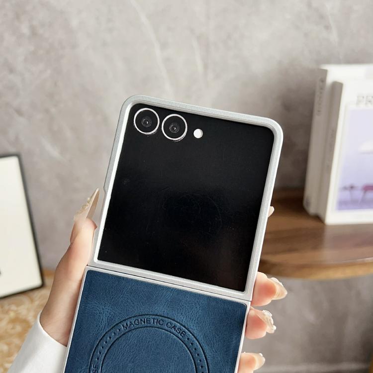 Funda para Samsung Galaxy Z Flip7 5G con textura de cuero y efecto piel, con MagSafe, pintura perlada y resistente a los golpes (negra)