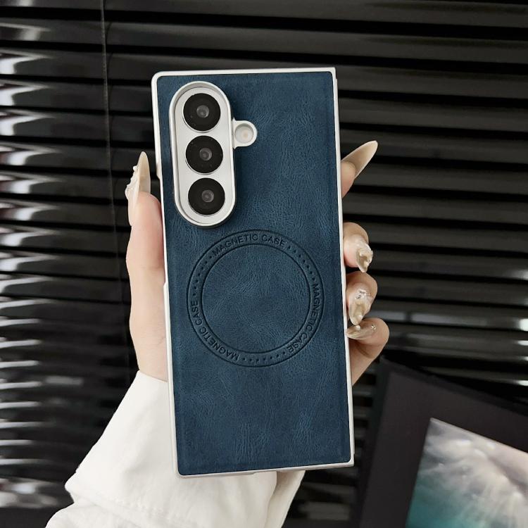 Funda para Samsung Galaxy Z Fold7 5G con textura de cuero y efecto piel, con MagSafe, pintura perlada y resistente a los golpes (azul)