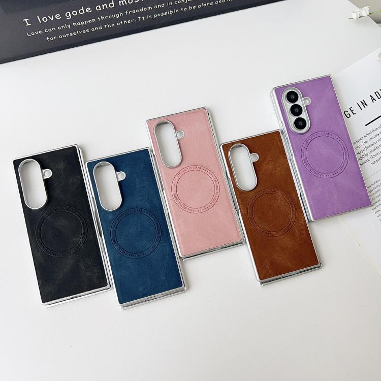 Funda para Samsung Galaxy Z Fold7 5G con textura de cuero y efecto piel, con MagSafe, pintura perlada y resistente a los golpes (azul)