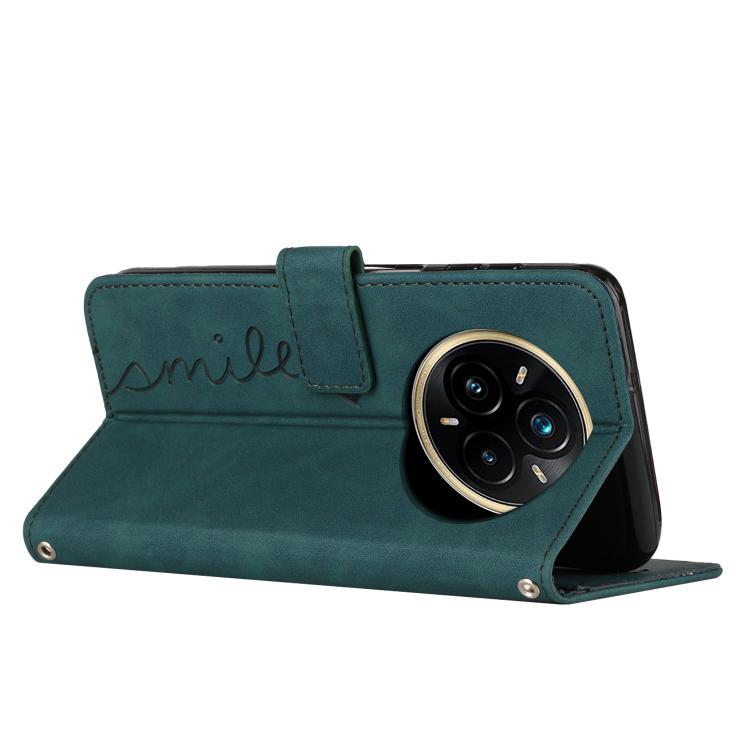 Funda de Cuero con Relieve de Corazón para Realme 14 Pro+ con Cordón Largo (Verde)