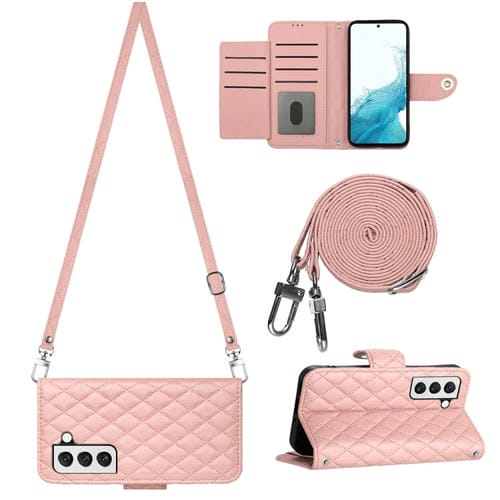 Funda para Teléfono Samsung Galaxy S22 + 5G con Tapa de Cuero Textura Rómbica y Cordón Largo (Rosa Coral)