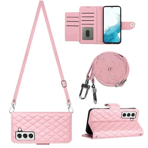 Funda para Teléfono Samsung Galaxy S22 + 5G con Tapa de Cuero Textura Rómbica y Cordón Largo (Rosa)