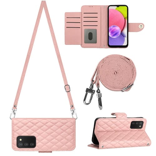 Funda de Cuero para Samsung Galaxy A03S Eu con Tapa Textura Rómbica y Cordón Largo (Rosa Coral)