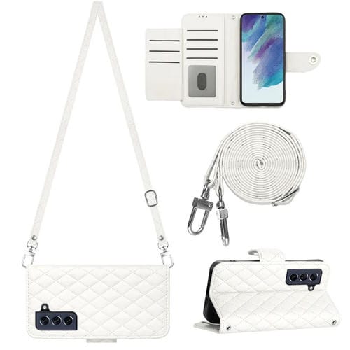 Funda de Cuero para Samsung Galaxy S21 FE 5G con Tapa Textura Romboidal y Cordón Largo (Blanco)