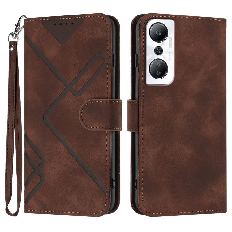 Funda de Cuero para Teléfono Infinix Hot 20 4G con Diseño de Líneas y Tacto Suave (Café)