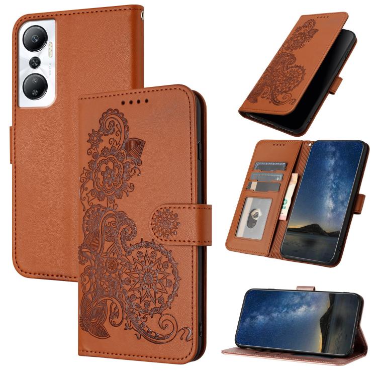 Funda de Cuero con Tapa para Teléfono Infinix Hot 20 4G con Relieve Flor de Datura (Marrón)