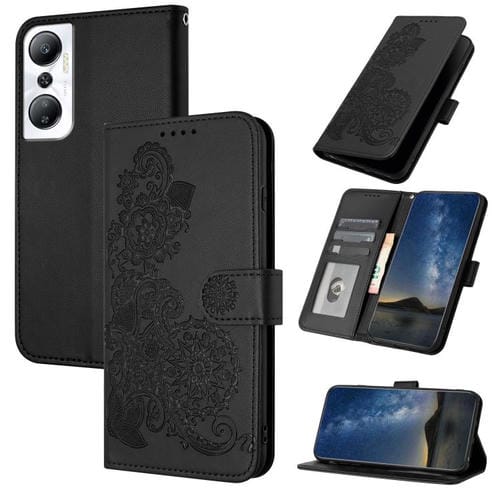 Funda de Cuero con Tapa y Flor de Datura en Relieve para Infinix Hot 20 4G (Negra)
