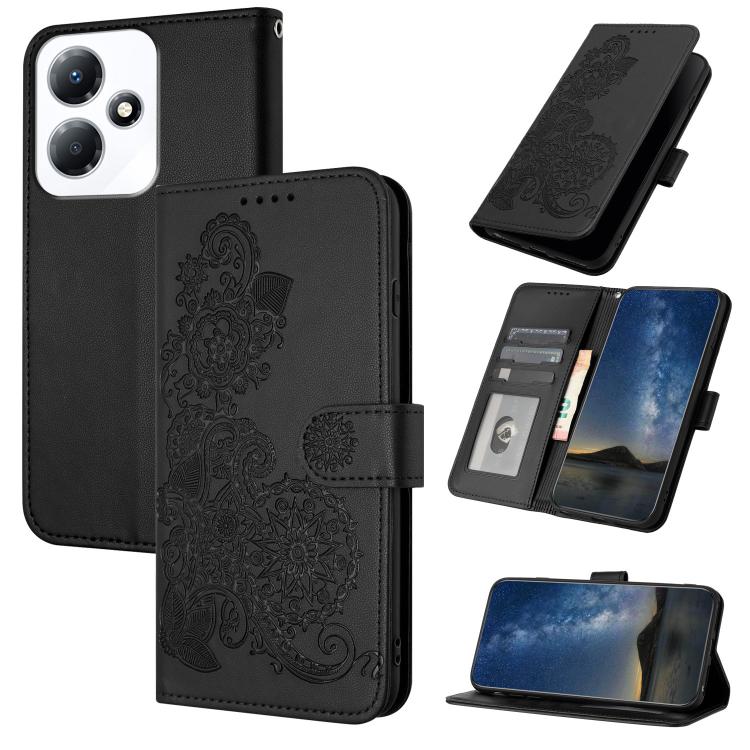 Funda de Cuero con Tapa y Flor de Datura en Relieve para Infinix Hot 30 Play / Hot 30 Play Nfc (Negra)