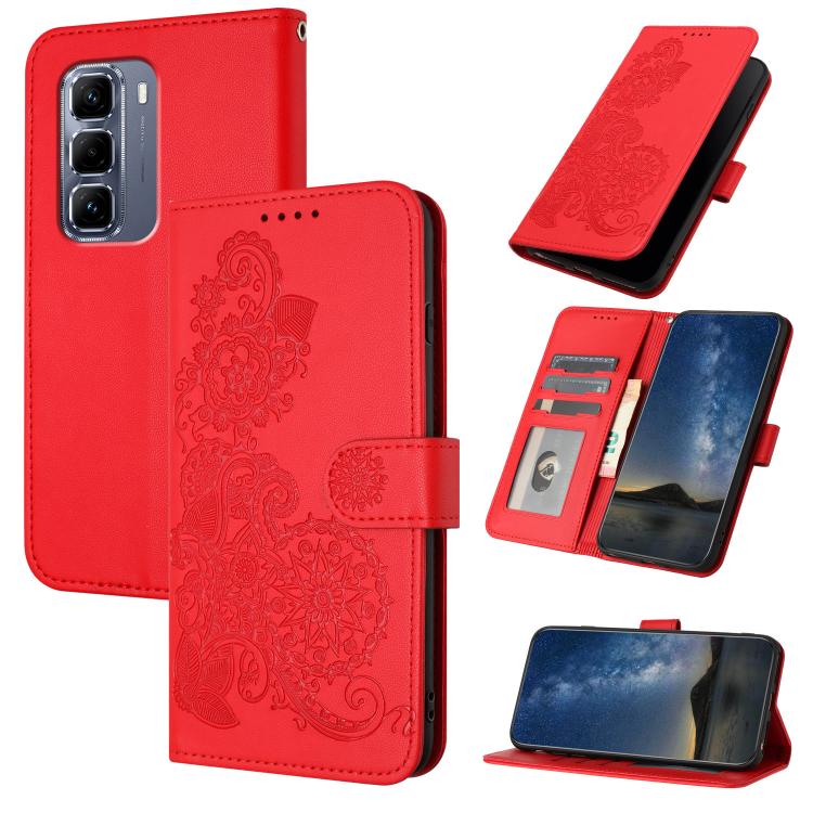 Funda de Cuero con Tapa para Infinix Hot 50 Pro 4G con Relieve Flor de Datura (Rojo)