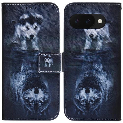 Funda de Cuero con Tapa y Dibujo a Color para Google Pixel 9A (Lobo y Perro)