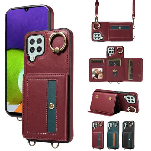 Funda Tipo Billetera Cruzada para Samsung Galaxy A22 4G con Soporte para Anillo Funda de Cuero (Rojo)