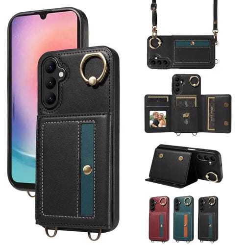 Funda para Samsung Galaxy A24 4G Crossbody Wallet Bag con Ring Holder de Cuero (Negro)