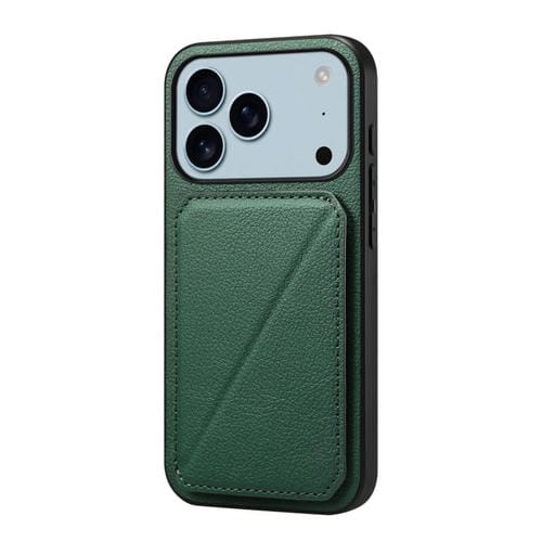 Funda para iPhone 17 Pro D04 con textura de becerro y ranura para dos tarjetas (verde)