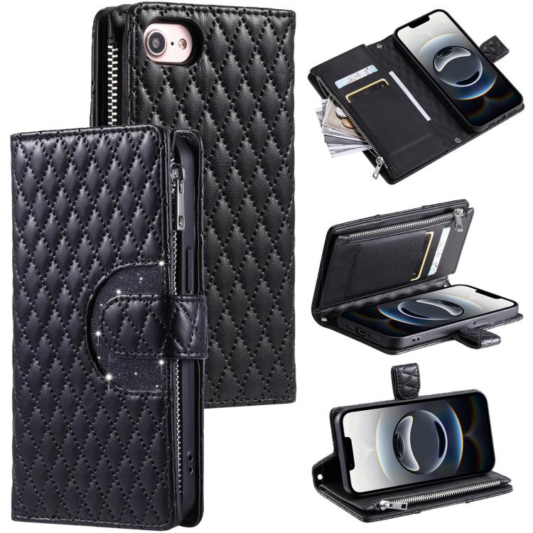Funda Tipo Billetera Cuero con Cremallera y Diseño Celosía para iPhone 16E (Negra)