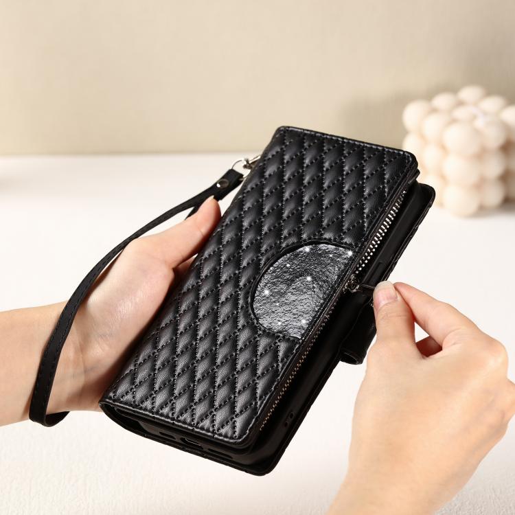 Funda Tipo Billetera Cuero con Cremallera y Diseño Celosía para iPhone 16E (Negra)