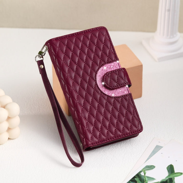 Estuche de Cuero Samsung Galaxy S22 + 5G con Billetera, Cremallera y Celosía con Purpurina (Rojo Vino)