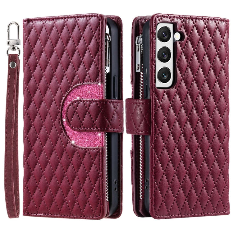 Estuche de Cuero Samsung Galaxy S22 + 5G con Billetera, Cremallera y Celosía con Purpurina (Rojo Vino)