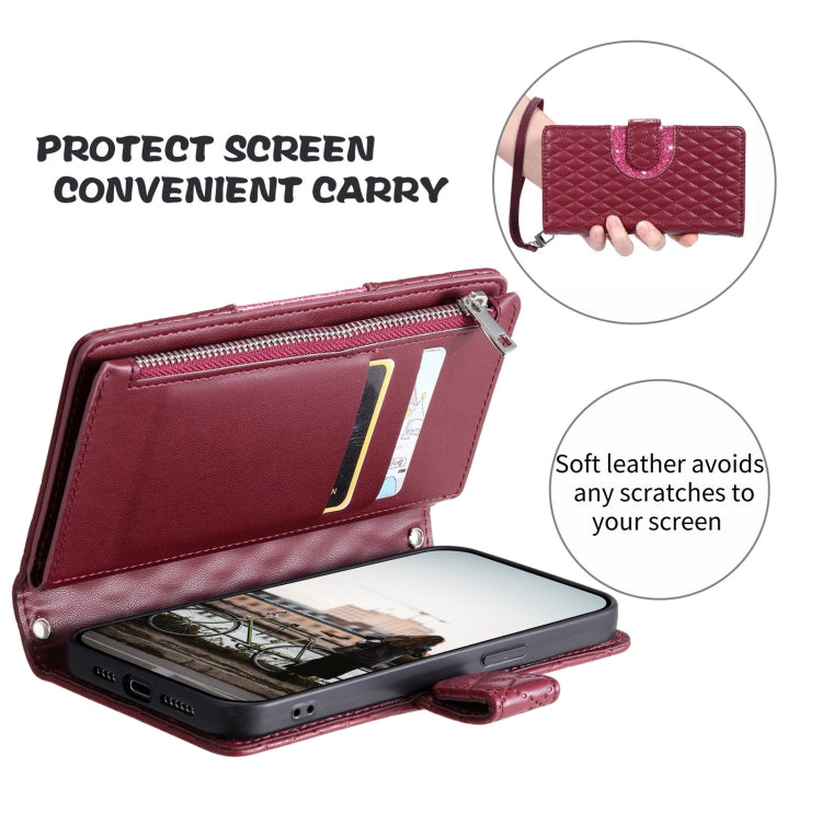Estuche de Cuero Samsung Galaxy S22 + 5G con Billetera, Cremallera y Celosía con Purpurina (Rojo Vino)