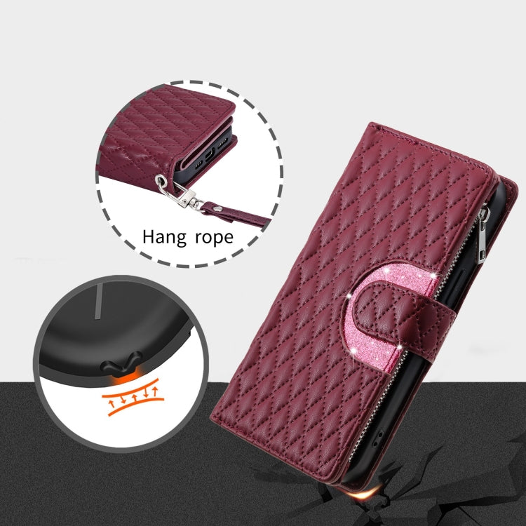 Estuche de Cuero Samsung Galaxy S22 + 5G con Billetera, Cremallera y Celosía con Purpurina (Rojo Vino)
