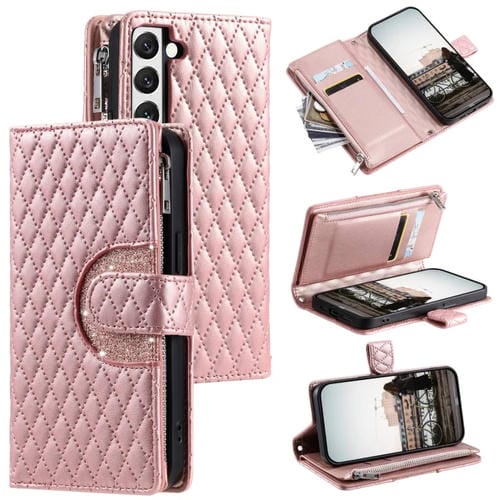 Estuche para Teléfono Samsung Galaxy S22 + 5G Cuero con Billetera, Cremallera y Celosía con Purpurina (Oro Rosa)