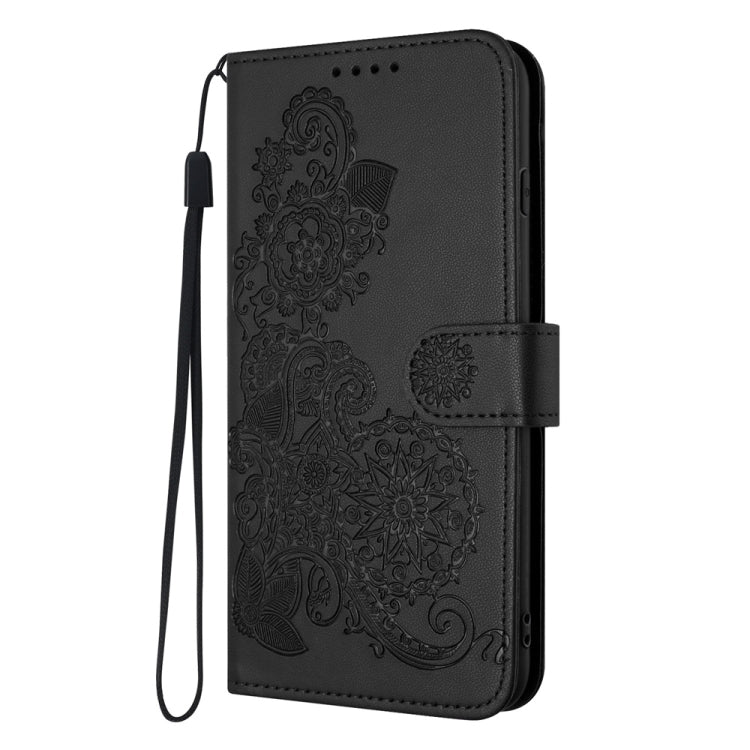 Funda de Cuero con Tapa para Sharp Aquos R9 Pro con Diseño de Flor de Datura en Relieve (Negro)