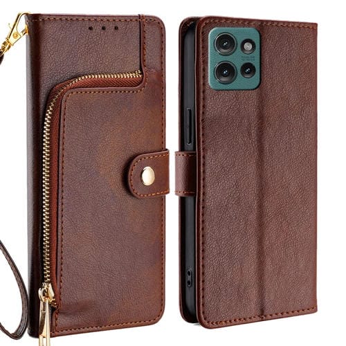 Funda de Cuero con Cremallera para Motorola Edge 50 5G (Marrón)