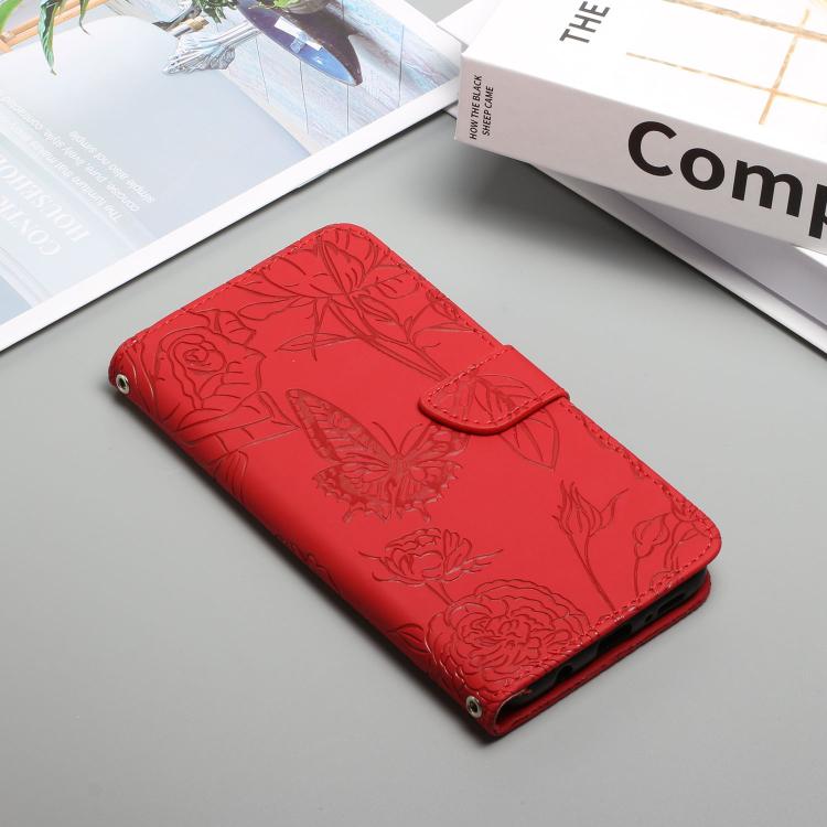 Funda de cuero con tapa y diseño de mariposas en relieve para TCL 60 SE / 605 HT03 (roja)