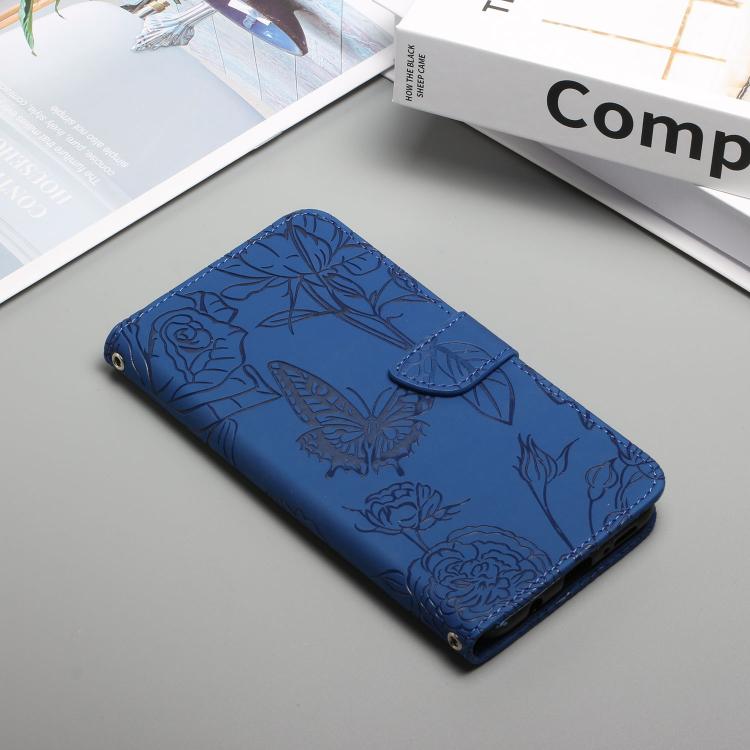 Funda de cuero con tapa y diseño de mariposas en relieve para TCL 60 SE / 605 HT03 (azul)