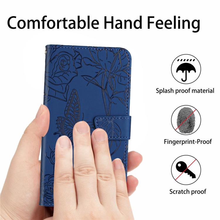 Funda de cuero con tapa y diseño de mariposas en relieve para TCL 60 SE / 605 HT03 (azul)