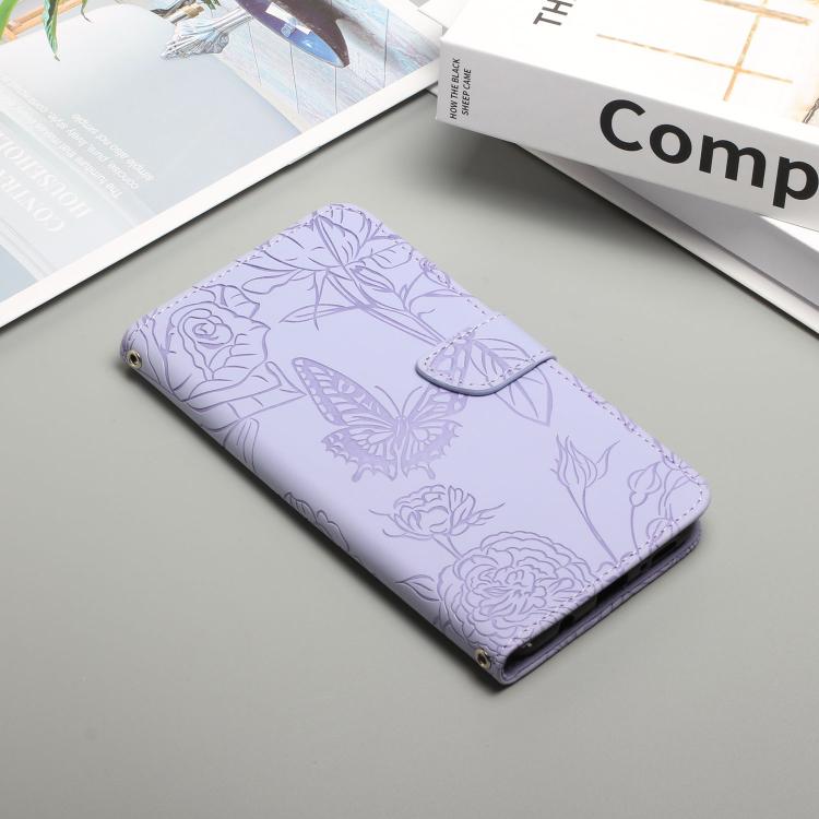 Funda de cuero con tapa y diseño de mariposas en relieve para TCL 60 SE / 605 HT03 (morado)